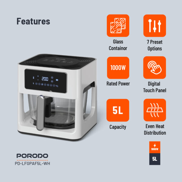 Porodo LifeStyle 5L Glass Pot Air Fryer White 1